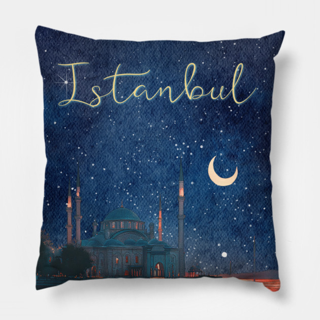 Istanbul Night Sky Travel Poster – Watercolor Cityscape Art Pillow by TuncGK