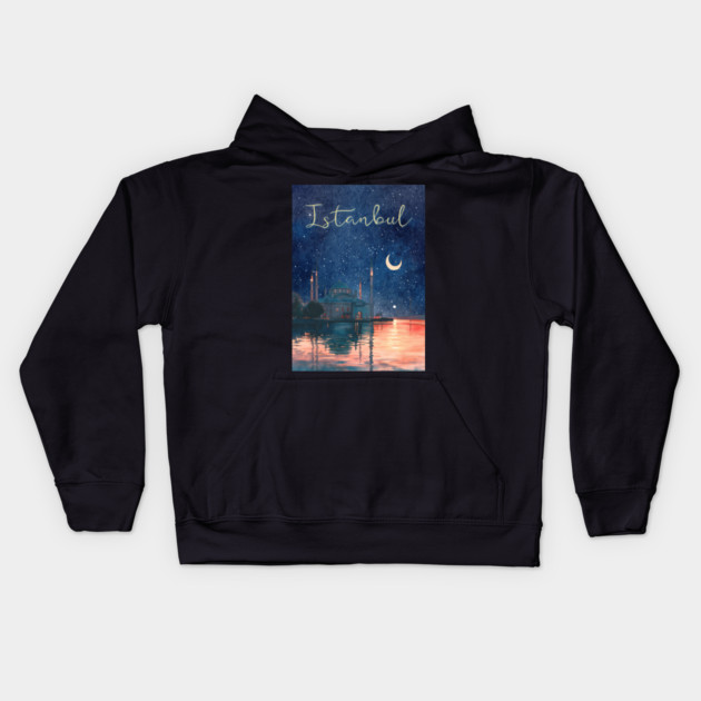 Istanbul Night Sky Travel Poster – Watercolor Cityscape Art Kids Hoodie by TuncGK
