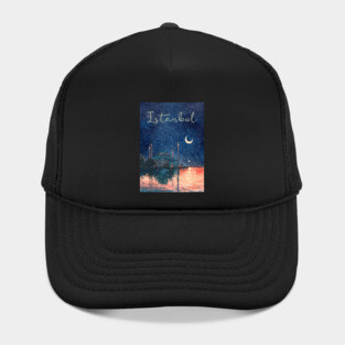 Istanbul Night Sky Travel Poster – Watercolor Cityscape Art Hat