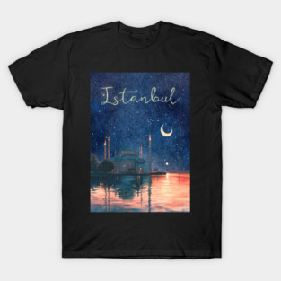 Istanbul Night Sky Travel Poster – Watercolor Cityscape Art T-Shirt