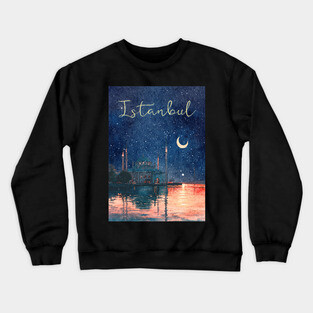Istanbul Night Sky Travel Poster – Watercolor Cityscape Art Crewneck Sweatshirt