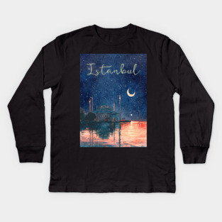 Istanbul Night Sky Travel Poster – Watercolor Cityscape Art Kids Long Sleeve T-Shirt