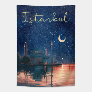 Istanbul Night Sky Travel Poster – Watercolor Cityscape Art Tapestry