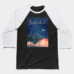 Istanbul Night Sky Travel Poster – Watercolor Cityscape Art Baseball T-Shirt