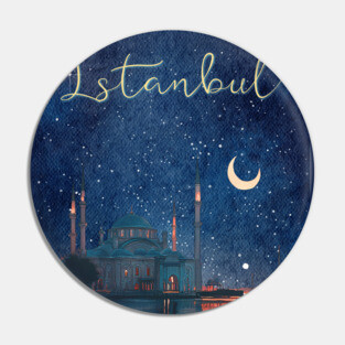 Istanbul Night Sky Travel Poster – Watercolor Cityscape Art Pin