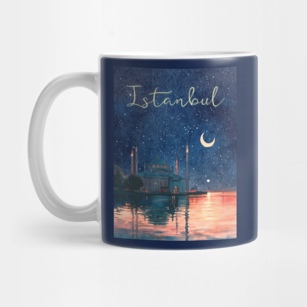 Istanbul Night Sky Travel Poster – Watercolor Cityscape Art by TuncGK