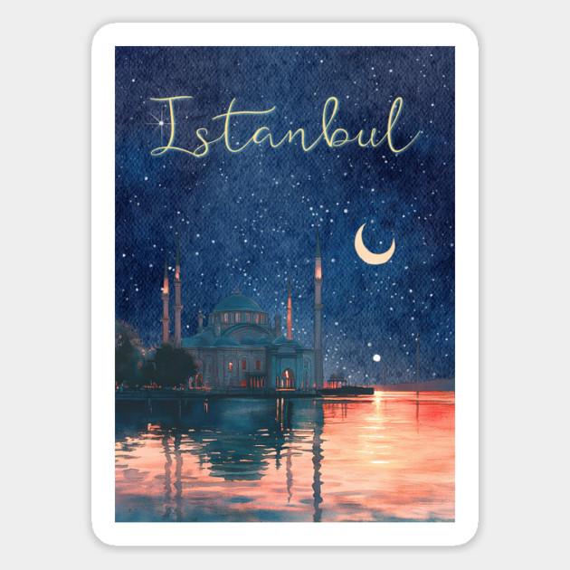 Istanbul Night Sky Travel Poster – Watercolor Cityscape Art Magnet by TuncGK