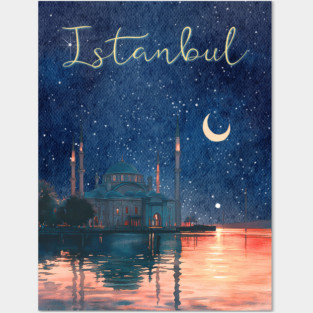 Istanbul Night Sky Travel Poster – Watercolor Cityscape Art Posters and Art