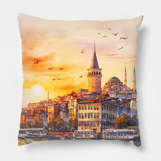 Istanbul Sunset Skyline Print – Warm Toned Travel Art Pillow