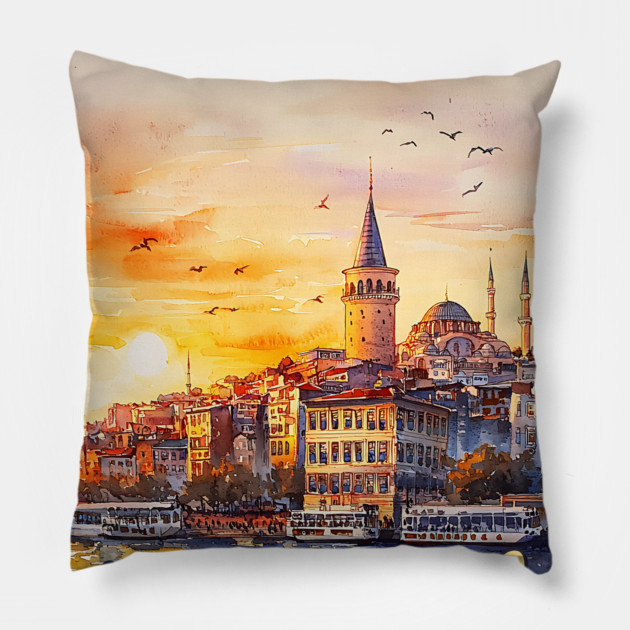 Istanbul Sunset Skyline Print – Warm Toned Travel Art Pillow by TuncGK