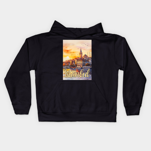 Istanbul Sunset Skyline Print – Warm Toned Travel Art Kids Hoodie by TuncGK