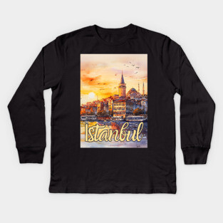 Istanbul Sunset Skyline Print – Warm Toned Travel Art Kids Long Sleeve T-Shirt