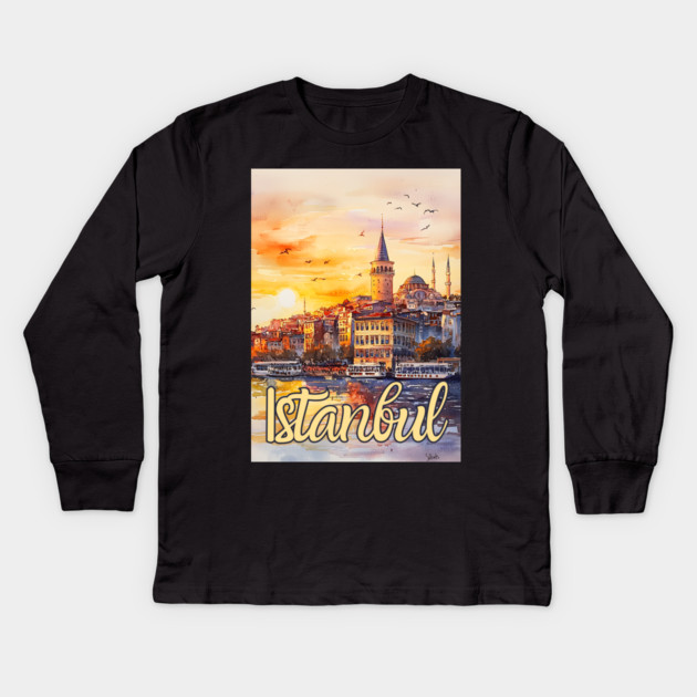 Istanbul Sunset Skyline Print – Warm Toned Travel Art Kids Long Sleeve T-Shirt by TuncGK