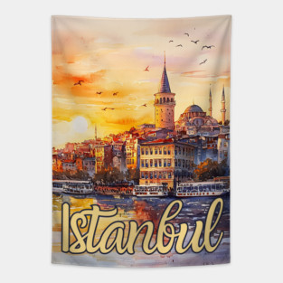 Istanbul Sunset Skyline Print – Warm Toned Travel Art Tapestry