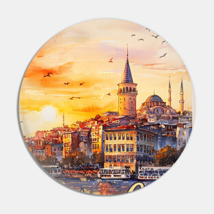 Istanbul Sunset Skyline Print – Warm Toned Travel Art Pin