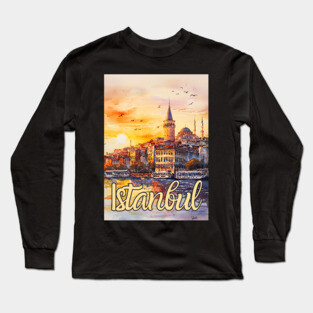 Istanbul Sunset Skyline Print – Warm Toned Travel Art Long Sleeve T-Shirt