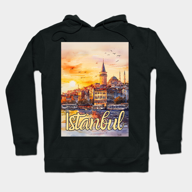 Istanbul Sunset Skyline Print – Warm Toned Travel Art Hoodie by TuncGK