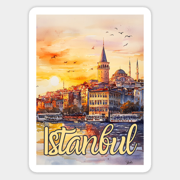 Istanbul Sunset Skyline Print – Warm Toned Travel Art Magnet by TuncGK