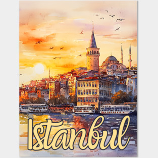 Istanbul Sunset Skyline Print – Warm Toned Travel Art Posters and Art
