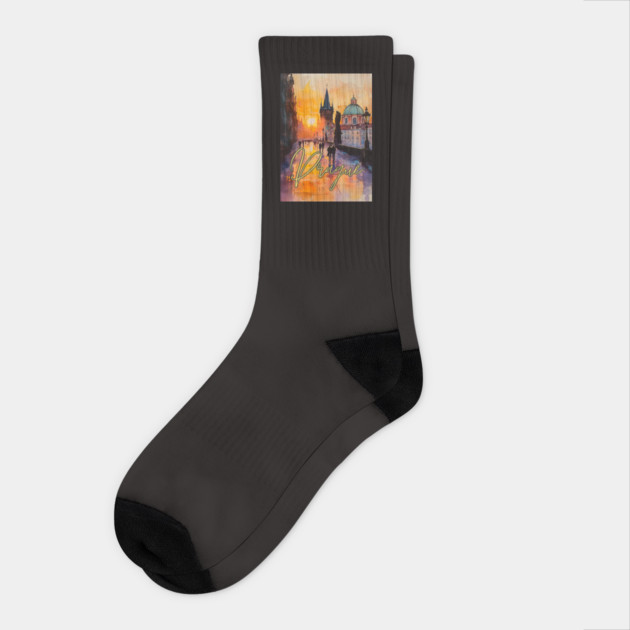 Prague Sunset Gothic Skyline Poster – Watercolor Travel Print Socks by TuncGK