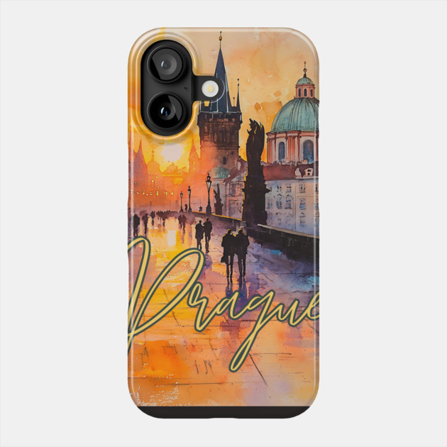 Prague Sunset Gothic Skyline Poster – Watercolor Travel Print Phone Case by TuncGK