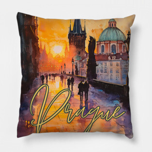 Prague Sunset Gothic Skyline Poster – Watercolor Travel Print Pillow