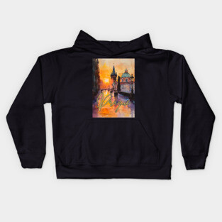 Prague Sunset Gothic Skyline Poster – Watercolor Travel Print Kids Hoodie