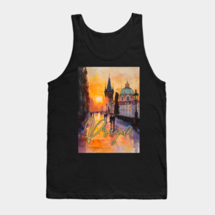 Prague Sunset Gothic Skyline Poster – Watercolor Travel Print Tank Top