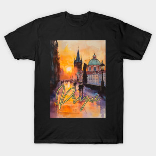 Prague Sunset Gothic Skyline Poster – Watercolor Travel Print T-Shirt