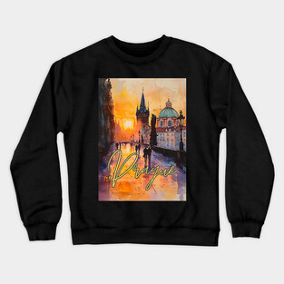 Prague Sunset Gothic Skyline Poster – Watercolor Travel Print Crewneck Sweatshirt