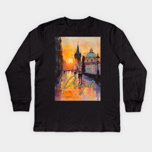 Prague Sunset Gothic Skyline Poster – Watercolor Travel Print Kids Long Sleeve T-Shirt