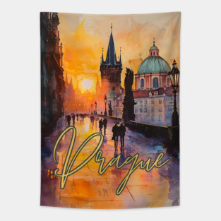 Prague Sunset Gothic Skyline Poster – Watercolor Travel Print Tapestry
