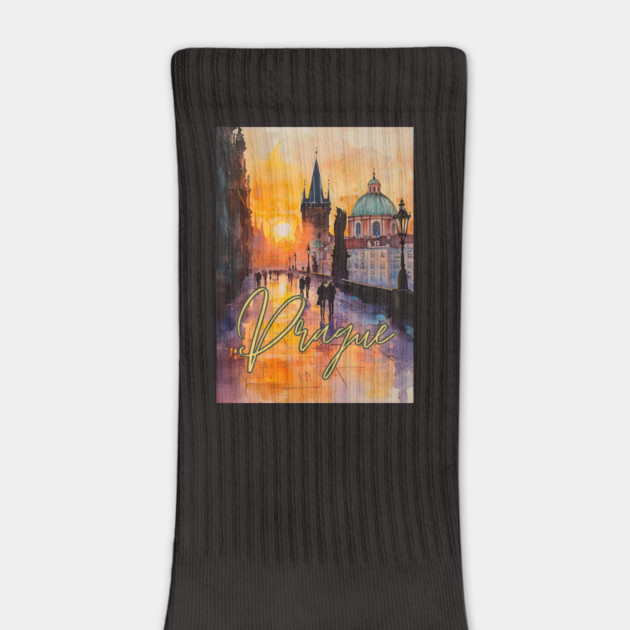 Prague Sunset Gothic Skyline Poster – Watercolor Travel Print by TuncGK