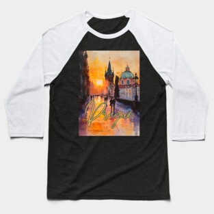 Prague Sunset Gothic Skyline Poster – Watercolor Travel Print Baseball T-Shirt