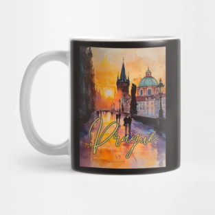Prague Sunset Gothic Skyline Poster – Watercolor Travel Print Mug