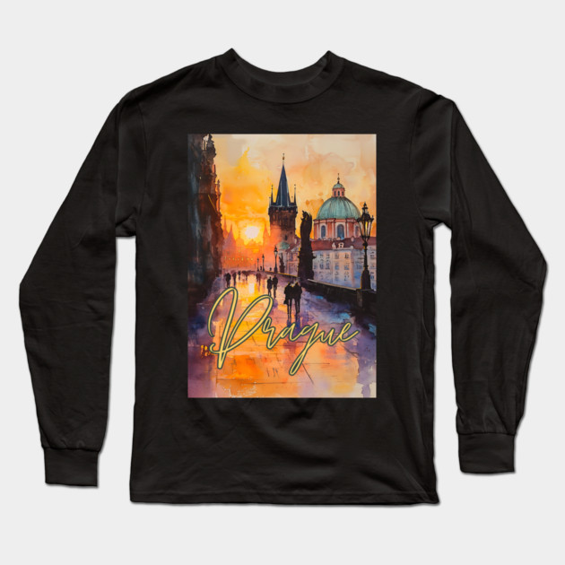 Prague Sunset Gothic Skyline Poster – Watercolor Travel Print Long Sleeve T-Shirt by TuncGK