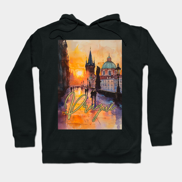 Prague Sunset Gothic Skyline Poster – Watercolor Travel Print Hoodie by TuncGK