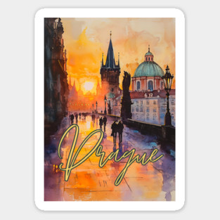 Prague Sunset Gothic Skyline Poster – Watercolor Travel Print Sticker