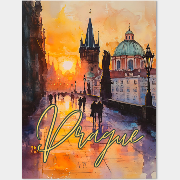 Prague Sunset Gothic Skyline Poster – Watercolor Travel Print Wall Art by TuncGK
