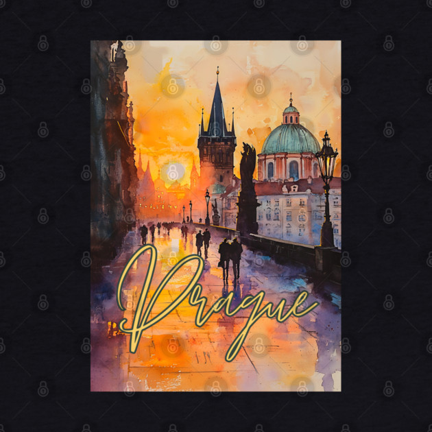 Prague Sunset Gothic Skyline Poster – Watercolor Travel Print by TuncGK
