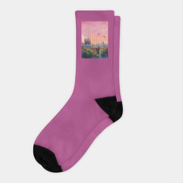 Barcelona Sunset Skyline Print – Watercolor Cityscape Poster Socks by TuncGK