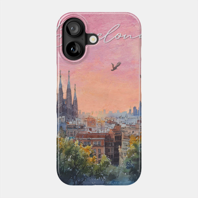 Barcelona Sunset Skyline Print – Watercolor Cityscape Poster Phone Case by TuncGK