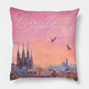 Barcelona Sunset Skyline Print – Watercolor Cityscape Poster Pillow