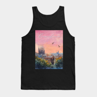 Barcelona Sunset Skyline Print – Watercolor Cityscape Poster Tank Top