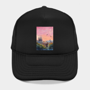 Barcelona Sunset Skyline Print – Watercolor Cityscape Poster Hat