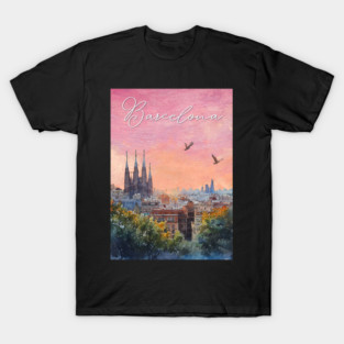 Barcelona Sunset Skyline Print – Watercolor Cityscape Poster T-Shirt