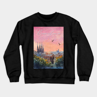 Barcelona Sunset Skyline Print – Watercolor Cityscape Poster Crewneck Sweatshirt