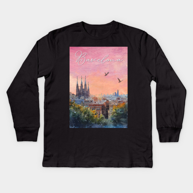 Barcelona Sunset Skyline Print – Watercolor Cityscape Poster Kids Long Sleeve T-Shirt by TuncGK