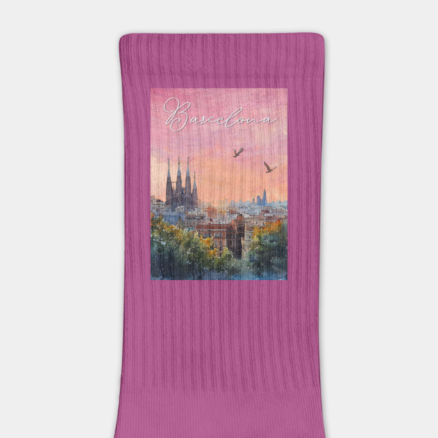 Barcelona Sunset Skyline Print – Watercolor Cityscape Poster by TuncGK