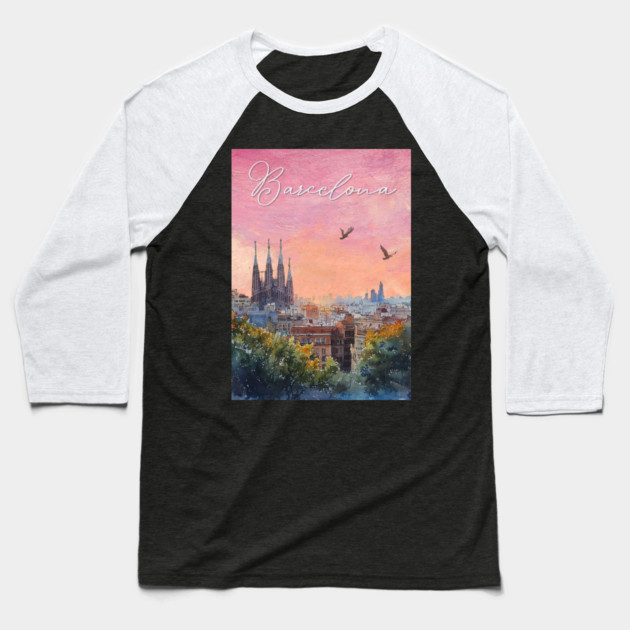 Barcelona Sunset Skyline Print – Watercolor Cityscape Poster Baseball T-Shirt by TuncGK